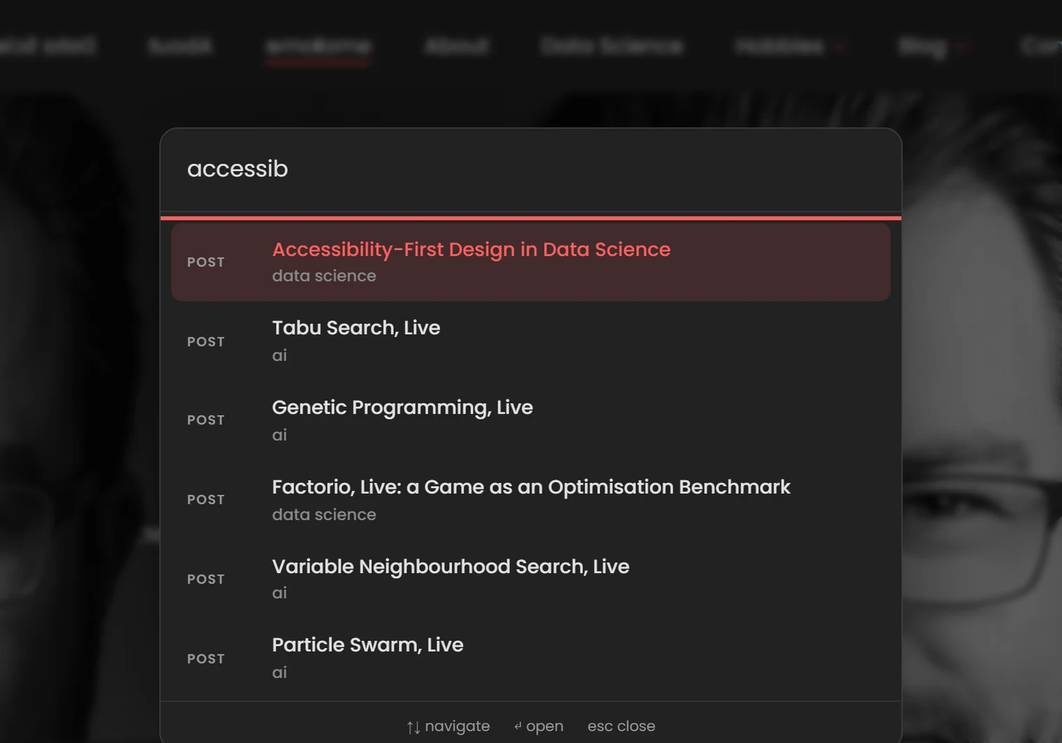 The Ctrl+K command palette open over a dimmed homepage, with the query accessib typed, six post results listed, the top one highlighted, and footer hints reading navigate, open, esc close