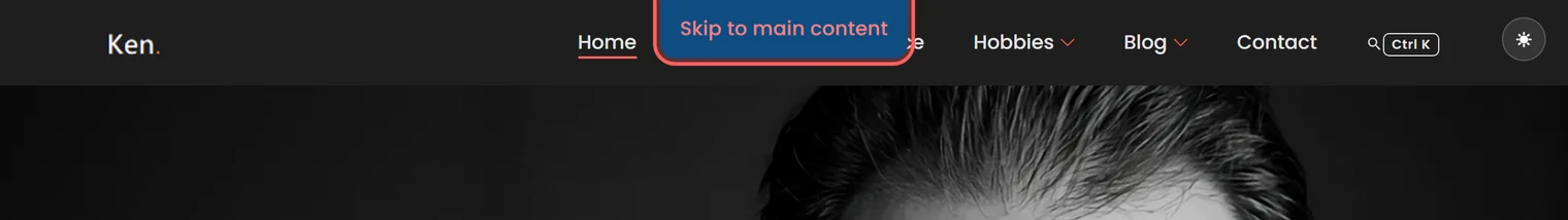 The site header with a Skip to main content button overlaid on the navigation, outlined by a red focus ring