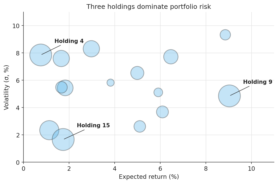 Bubble chart of portfolio risk with fifteen semi-transparent sky-blue circles outlined in dark grey. Holdings 4, 9, and 15 are the three largest and have permanent text labels with leader lines. Title: Three holdings dominate portfolio risk.