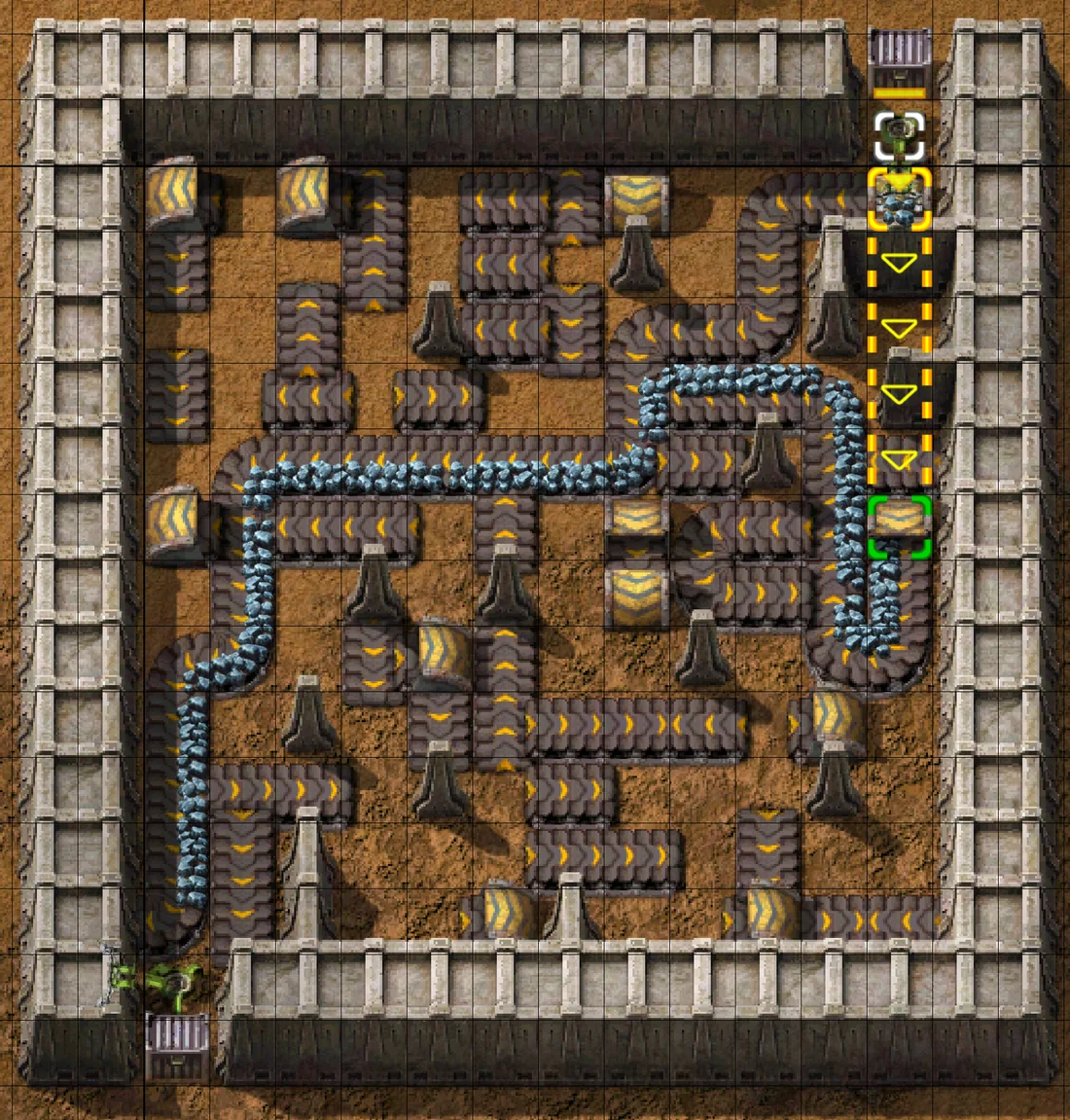 A Factorio screenshot of the twelve by twelve benchmark instance: a square arena walled in two-deep stone, with a steel chest and inserter at the top right and a receiver at the bottom left. Yellow transport belts wind between tree stumps that act as obstacles, and a line of iron ore rides the belts along the route between the two.