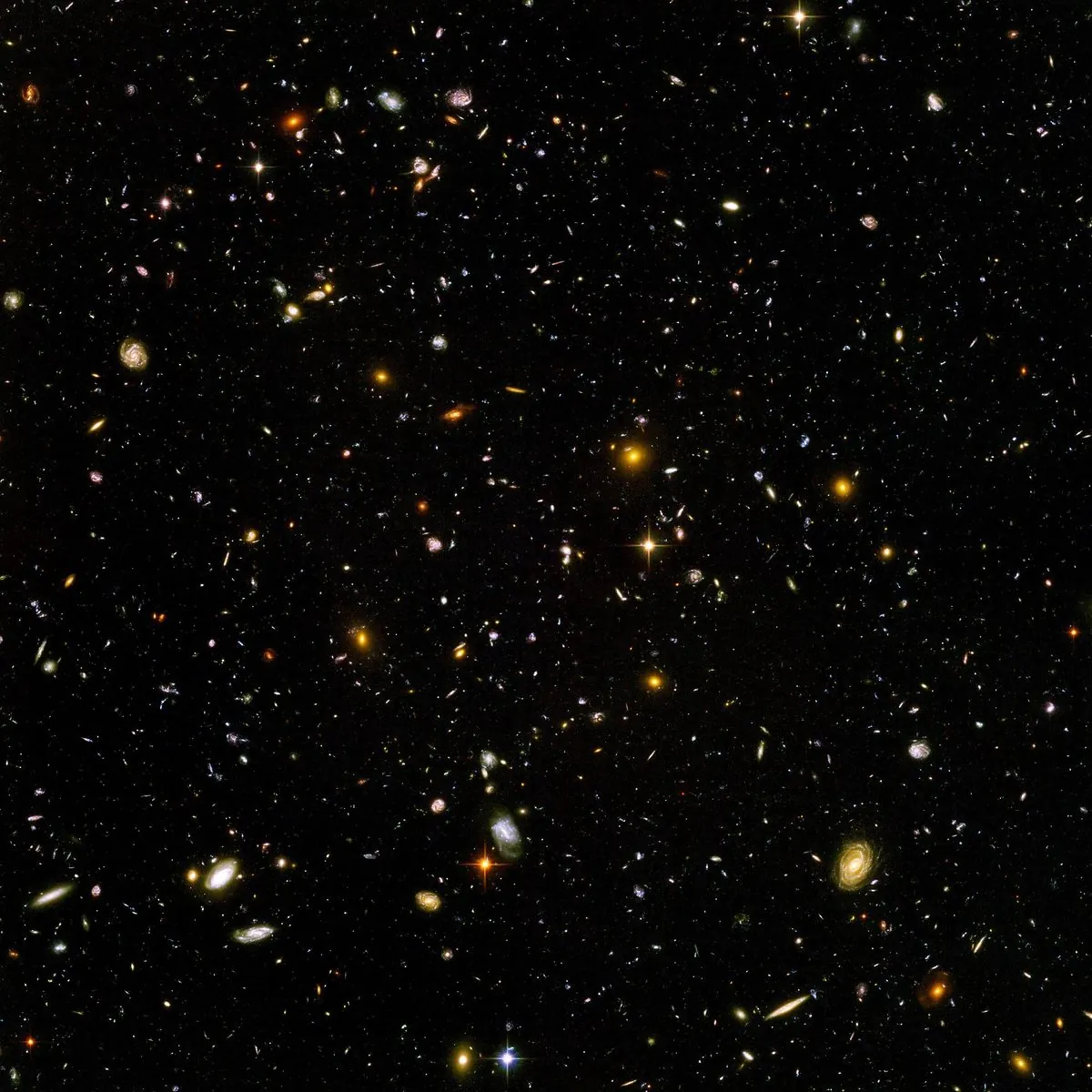 The Hubble Ultra Deep Field: thousands of galaxies of every shape and colour scattered across a black patch of sky