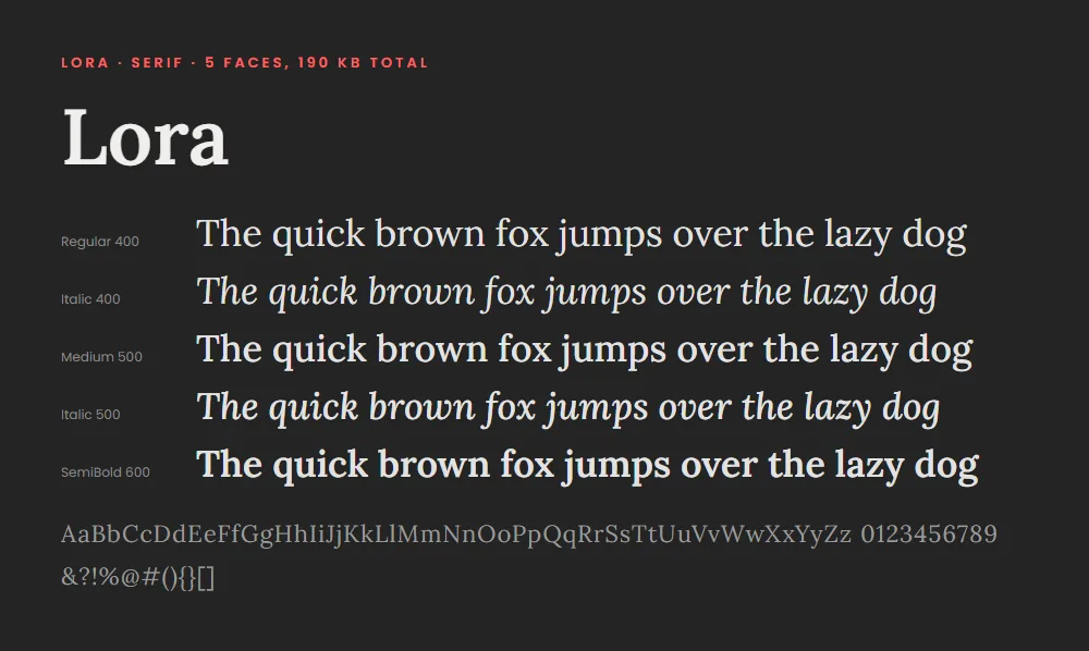 Type specimen of Lora: regular, medium, and semibold weights with their italics, each set as a pangram, with the full alphabet and numerals below