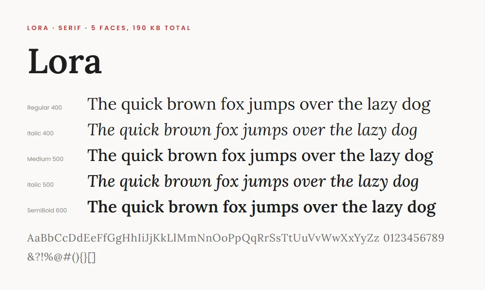 Type specimen of Lora: regular, medium, and semibold weights with their italics, each set as a pangram, with the full alphabet and numerals below