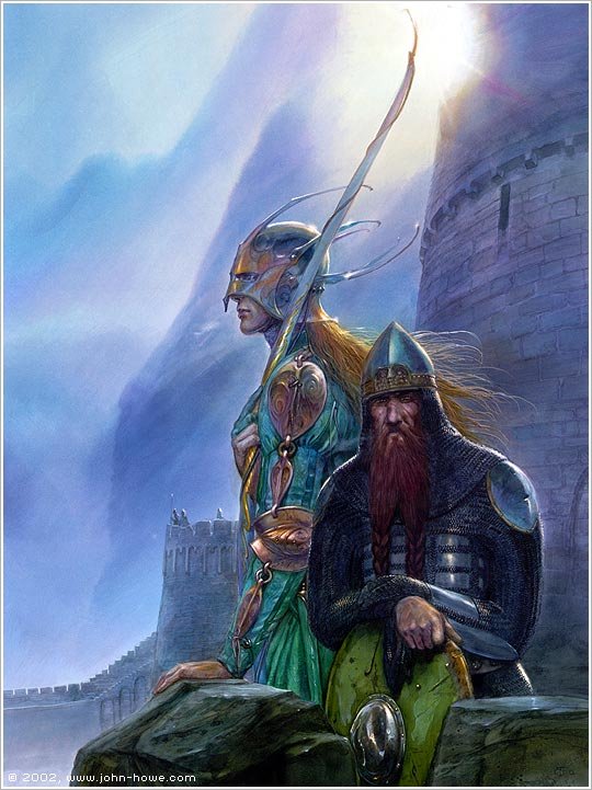 Painting of Legolas drawing his bow beside Gimli with axe raised, fighting side by side at Helm's Deep