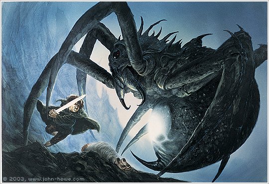 Painting of Sam holding a glowing phial and sword, standing against the giant spider Shelob