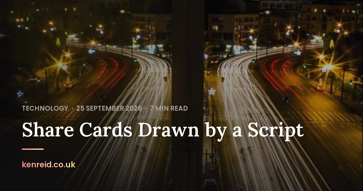 Share card for this post: a night photo of light trails on a road, the title Share Cards Drawn by a Script in white serif type, and kenreid.co.uk in a pink-to-gold gradient
