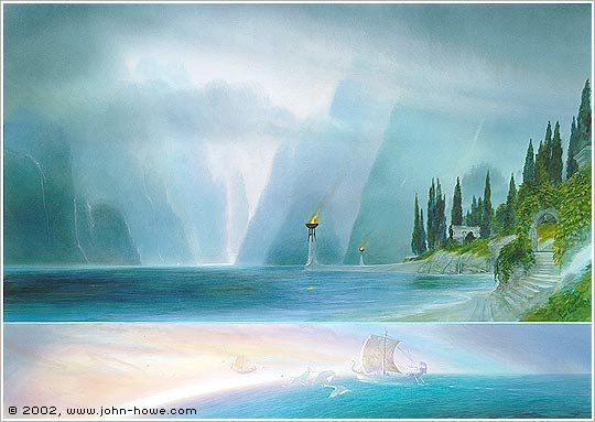 Painting of the Grey Havens, with an elven ship on still water beneath cliffs and a luminous sky