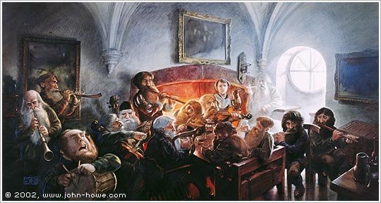 Sketch of dwarves crowded into Bilbo's parlour at Bag End, playing musical instruments around the hearth