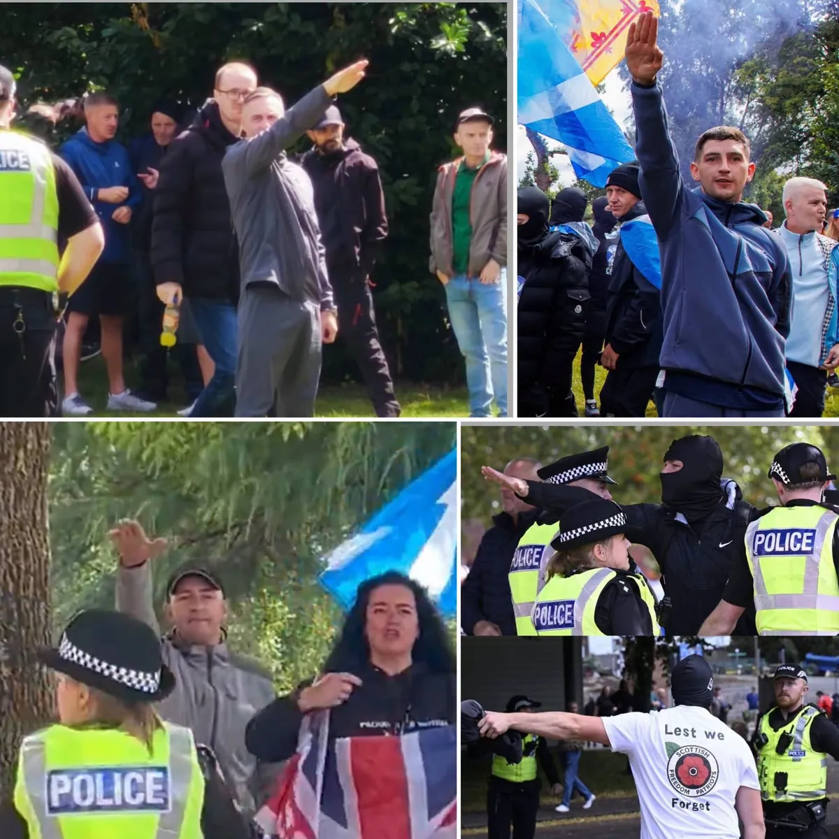 Composite of five photographs from the Glasgow Green rally: men performing Nazi salutes in front of Police Scotland officers, some masked, with Saltire and Union flags visible