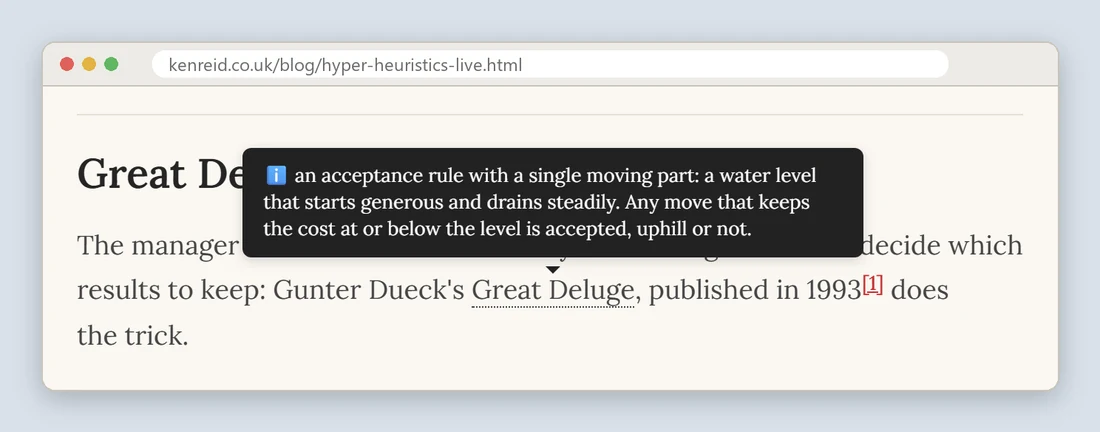 A paragraph with the words Great Deluge underlined in dots, and a card above them holding that term's definition