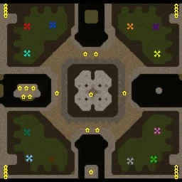 Minimap of Footmen Frenzy: four corner bases around a walled centre, joined by dirt roads