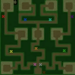 Minimap of Green TD: a dark green field cut by a branching dirt maze, with a coloured marker for each player