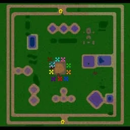 Minimap of Sheep Tag: a square of grass ringed by a road, with ponds and rocky patches and the players bunched in the middle