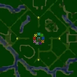 Minimap of Tree Tag: a forest crossed by rivers and paths, with the players starting together in the middle
