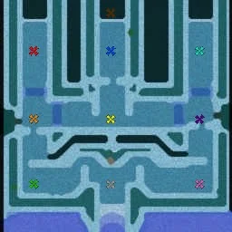 Minimap of Wintermaul: icy lanes running down from the players' building areas at the top to a frozen pool at the bottom