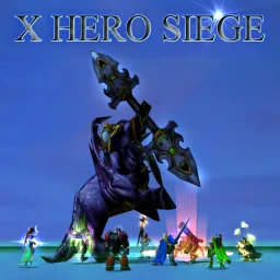 Title art for X Hero Siege: a giant armoured figure with a mace towering over a row of small heroes