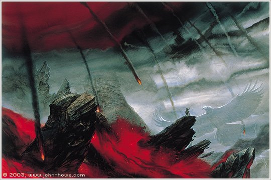 Painting of Frodo and Sam huddled together on a rock as Mount Doom erupts around them