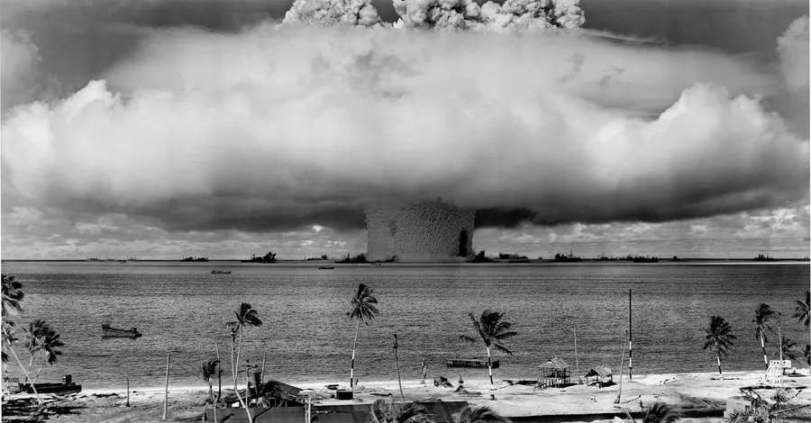 The Baker nuclear test at Bikini Atoll in 1946, a vast column of water and spray rising from the lagoon
