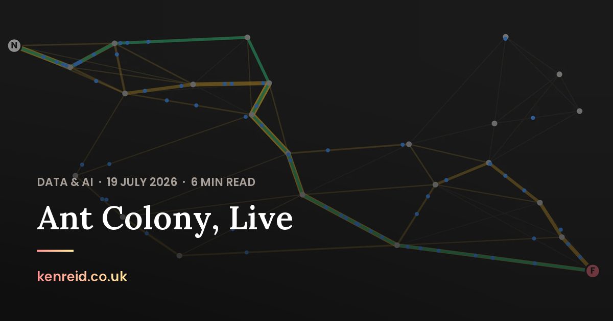 Share card for Ant Colony, Live: coloured paths joining dots on a dark background