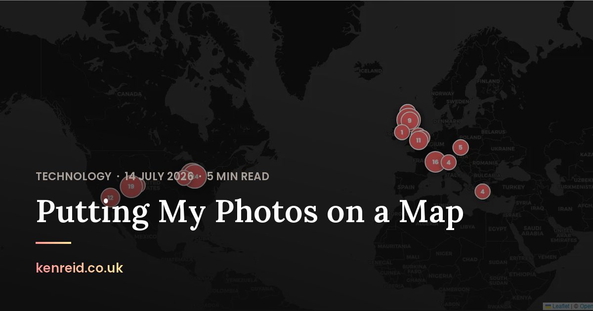 Share card for Putting My Photos on a Map: a dark world map with red markers over Europe