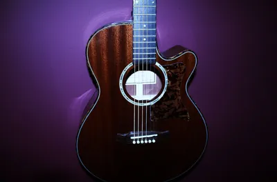 Acoustic guitar photographed against a purple wall