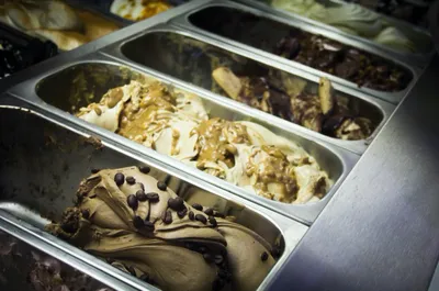 Stainless steel trays of gelato in a shop counter, chocolate chip, caramel swirl and nut flavours side by side